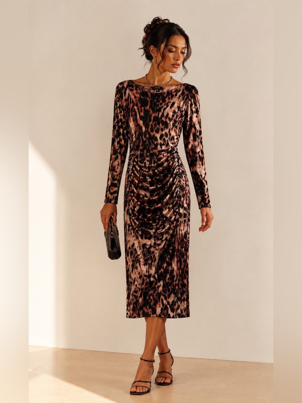 Anthropologie AFRM Leopard Print Ruched Bodycon Long Sleeve Stretch Maxi Dress
